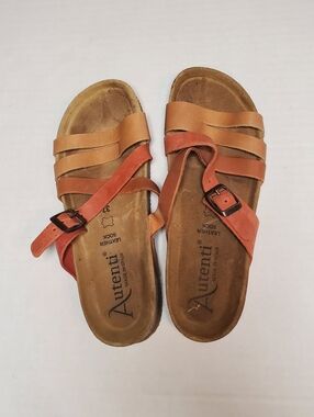 Autenti Tan Terra Cotta Cork Bottom Leather Strap Sandals SZ EUR 37 US 7